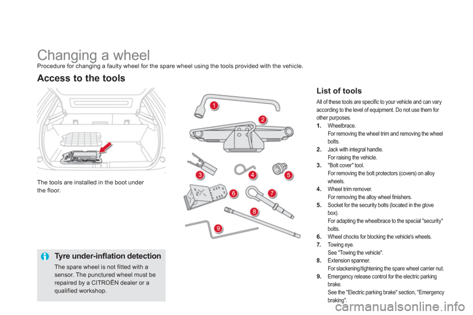 Citroen DS5 2011 1.G Owners Manual    
 
 
 
 
 
 
 
 
 
Changing a wheel Procedure for changing a faulty wheel for the spare wheel using the tools provided with the vehicle.
Th
e tools are installed in the boot under
the floor.
Access