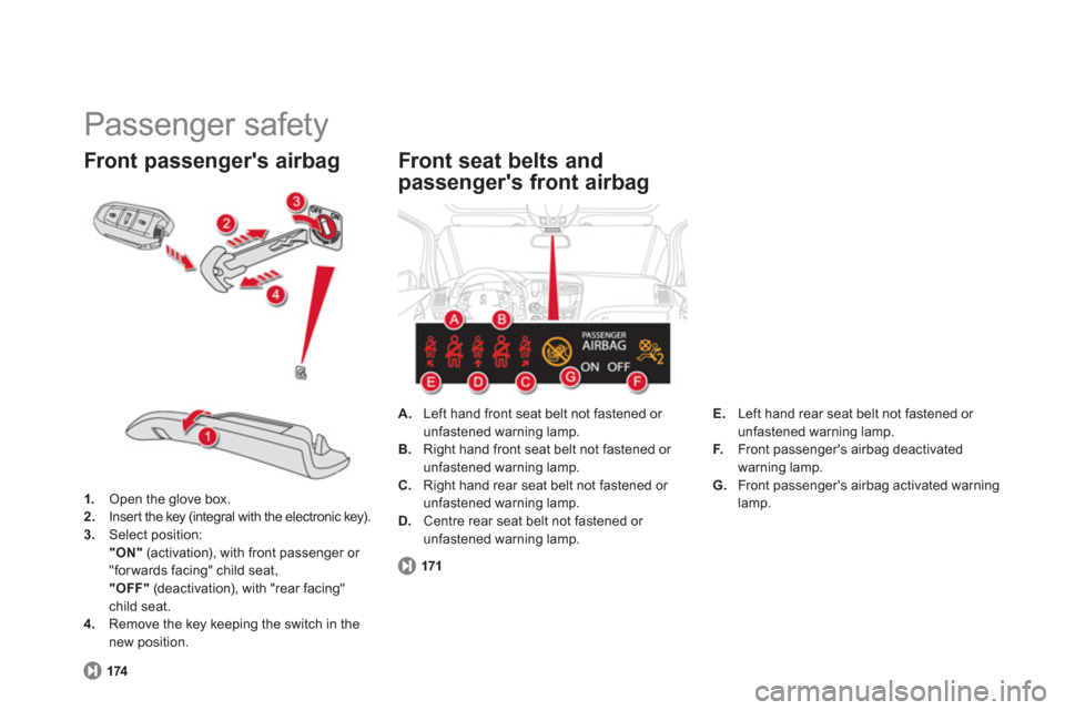 Citroen DS5 2011 1.G Owners Manual   Passenger safety 
1. 
 Open the glove box.2. 
  Inser t the key (integral with the electronic key).3.Select position:  
"ON" 
 (activation), with front passenger or "forwards facing" child seat,  
"