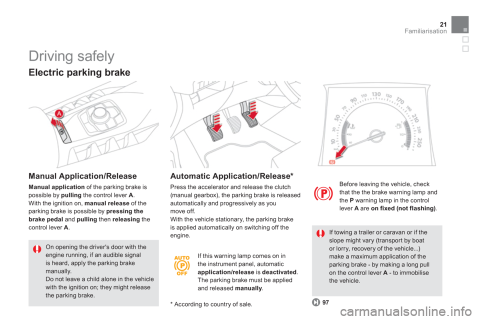 Citroen DS5 2011 1.G Owners Manual 21Familiarisation
   
If this warning lamp comes on in 
the instrument panel, automatic application/release   is deactivated 
. 
The parking brake must be appliedand released  manually.  
 
 y
Before 