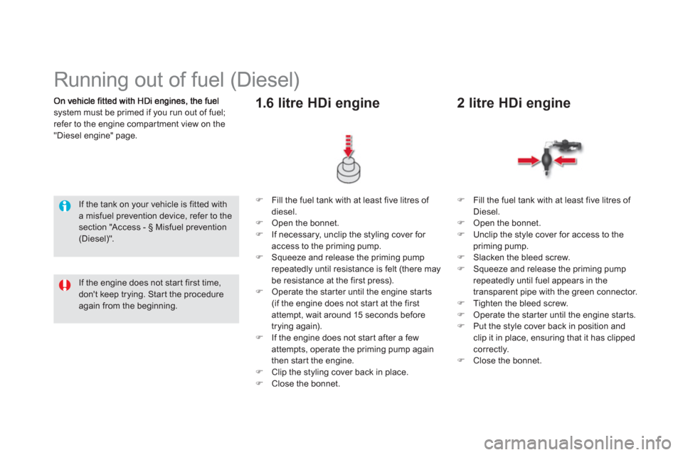 Citroen DS5 2011 1.G Owners Manual system must be primed if you run out of fuel; refer to the engine compar tment view on the 
"Diesel engine" page. 
   
 
 
 
 
 
 
 
 
 
Running out of fuel (Diesel)  
 
If the tank on your vehicle is