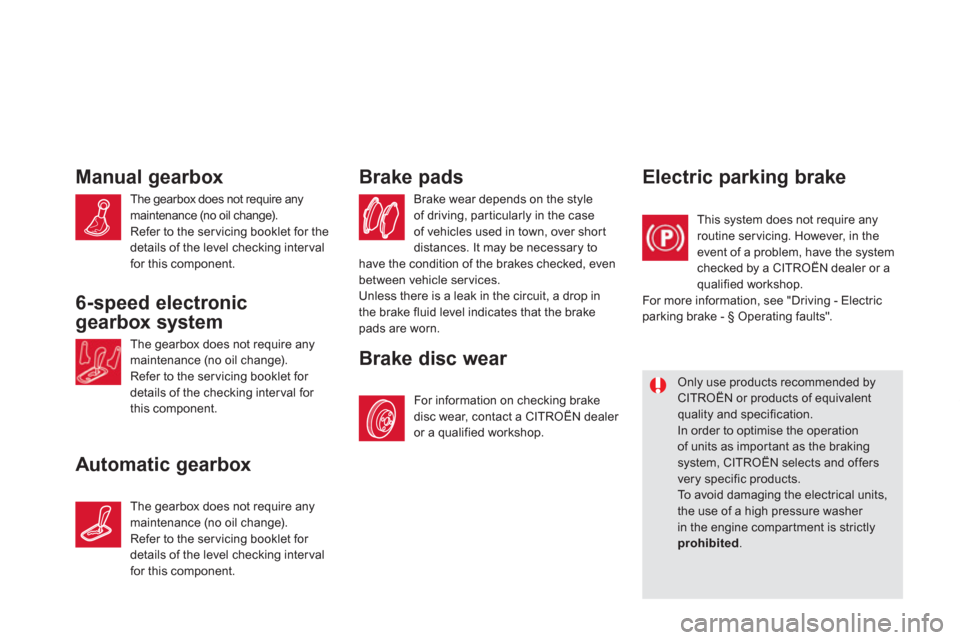 Citroen DS5 2011 1.G Owners Manual Manual gearbox 
 The gearbox does not require anymaintenance (no oil change).
  Refer to the ser vicing booklet for the 
details of the level checking interval 
for this component.
6-speed electronic
