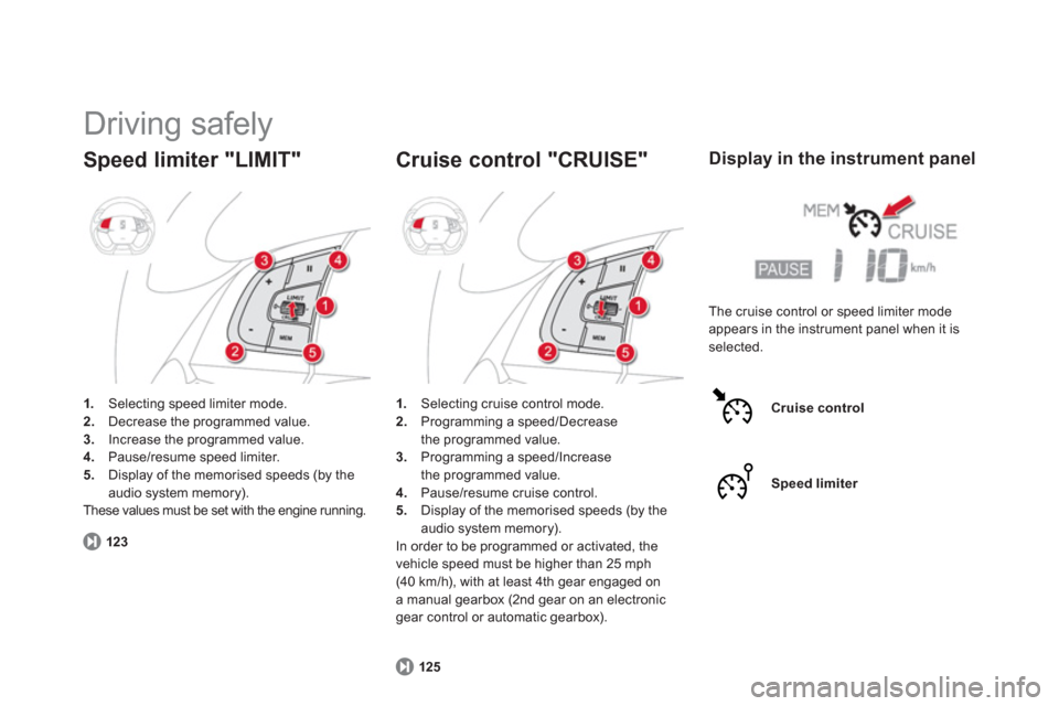 Citroen DS5 2011 1.G Owners Manual   Driving safely 
Speed limiter "LIMIT" 
1. 
 Selecting speed limiter mode.2. 
  Decrease the programmed value.3. 
  Increase the programmed value.4. 
  Pause/resume speed limiter.5. 
 Display of the 