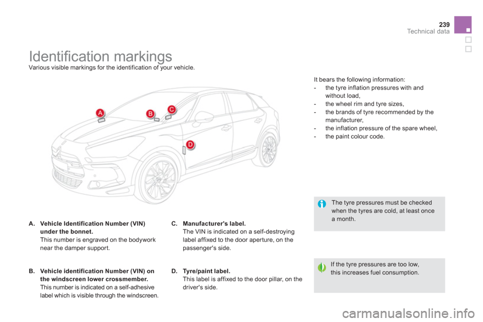 Citroen DS5 2011 1.G Owners Manual 239Technical data
Identifi cation markings
Various visible markings for the identification of your vehicle.
A.Vehicle Identification Number (VIN) und Citroen DS5 2011 1.G Owners Manual 239Technical data
Identifi cation markings
Various visible markings for the identification of your vehicle.
A.Vehicle Identification Number (VIN) und