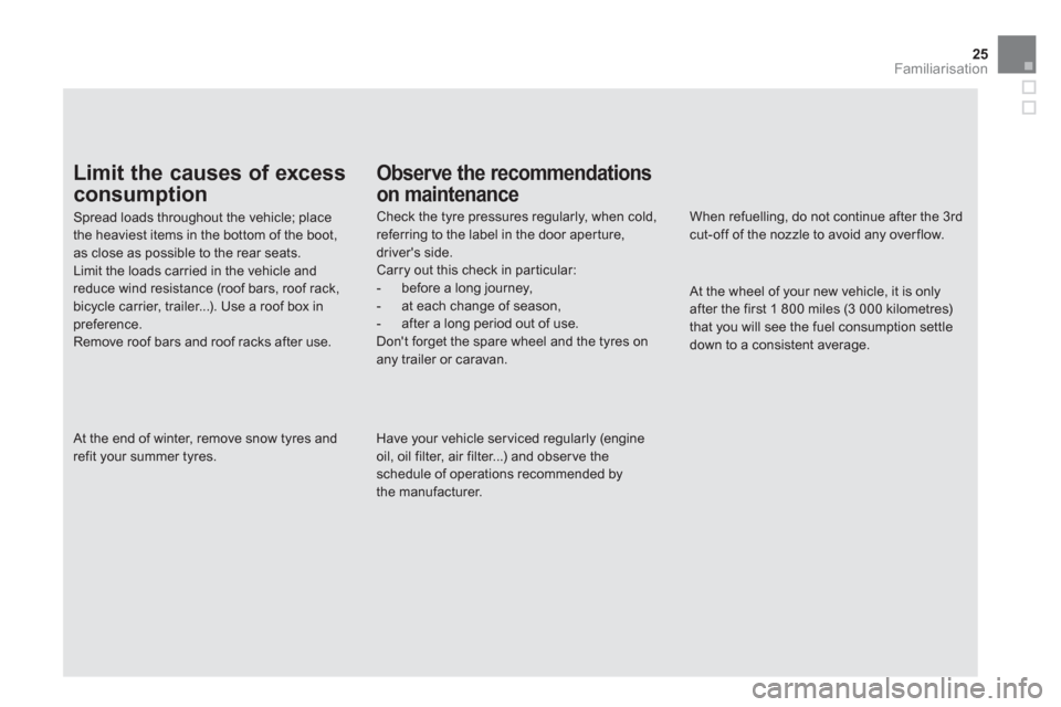 Citroen DS5 2011 1.G Owners Manual 25
Familiarisation
Limit the causes of excess
consumption 
Spread loads throughout the vehicle; place the heaviest items in the bottom of the boot,as close as possible to the rear seats.Limit the load