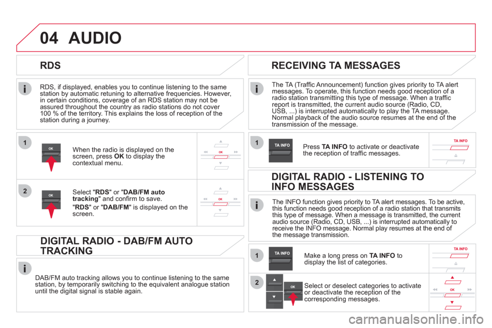 Citroen DS5 2011 1.G Owners Manual 1
2
04
1
1
2
   
RDS, if displayed, enables you to continue listening to the samestation by automatic retuning to alternative frequencies. However, 
in certain conditions, coverage of an RDS station m