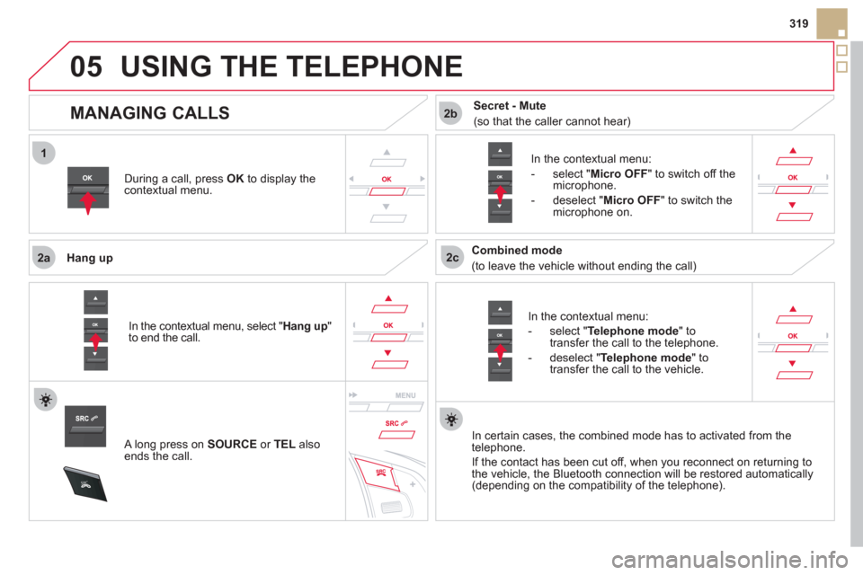 Citroen DS5 2011 1.G Owners Manual  
1
2a2c
2b
05
SRC
319
USING THE TELEPHONE
During a call, press  OK 
 to display the contextual menu.
   
Han
g up
   
In the contextual menu:
   
-  
select "Telephone mode" to 
transfer the call to 