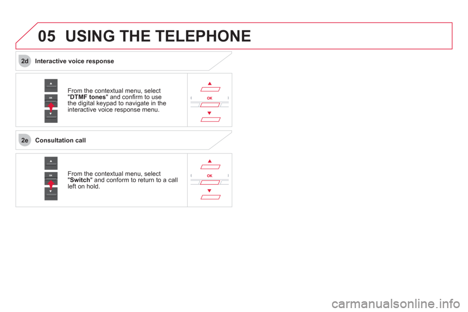 Citroen DS5 2011 1.G Owners Guide  
2e
2d
05USING THE TELEPHONE
From the contextual menu, select "DTMF tones  " and conﬁ rm to usethe digital keypad to navigate in the
interactive voice response menu. 
From the contextual menu, sele