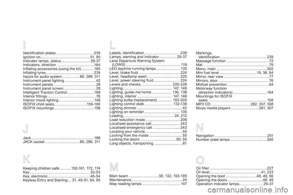 Citroen DS5 2011 1.G Owners Manual Jack.............................................................186JACK socket..................................80, 286, 311
J
Markings,identification.............................................239M