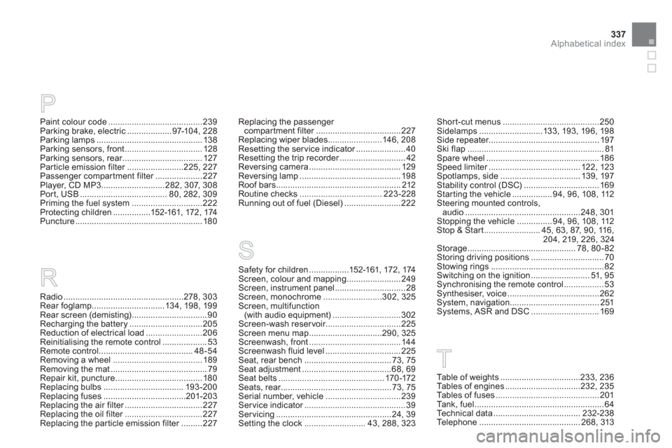 Citroen DS5 2011 1.G User Guide 337
Alphabetical index
Paint colour code........................................239Parking brake, electric...................97-10 4, 228
Parking lamps .............................................138