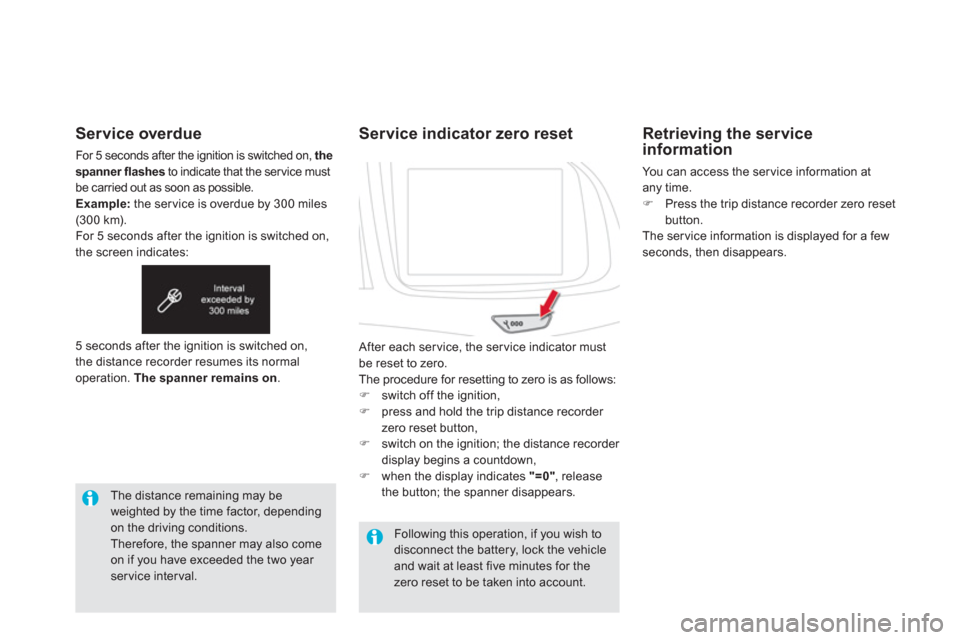 Citroen DS5 2011 1.G Owners Manual Service overdue 
For 5 seconds after the ignition is switched on, the 
spanner flashesto indicate that the service must be carried out as soon as possible.Example:the ser vice is overdue by 300 miles(