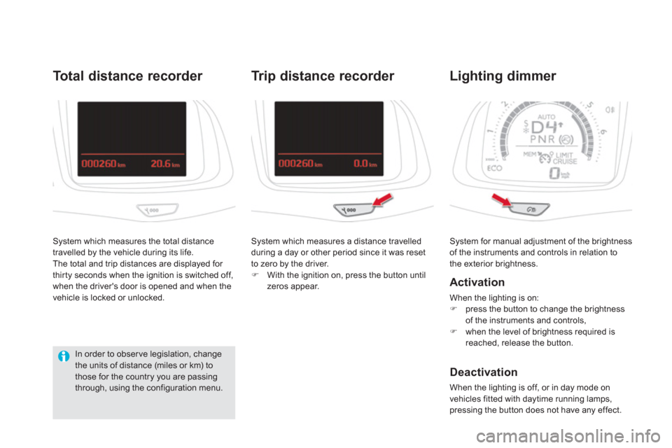 Citroen DS5 2011 1.G Owners Manual  System for manual adjustment of the brightness of the instruments and controls in relation to 
the exterior brightness.
Lighting dimmer 
   
Activation 
 
When the lighting is on:
�)press the button 