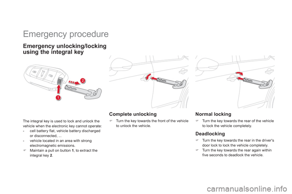 Citroen DS5 2011 1.G User Guide    
 
 
 
 
Emergency procedure 
Emergency unlocking/locking 
 
using the integral key 
The integral key is used to lock and unlock the 
vehicle when the electronic key cannot operate: 
-  cell batter