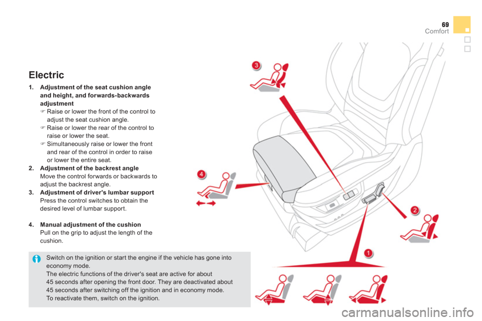 Citroen DS5 2011 1.G Owners Manual Comfort
   Switch on the ignition or star t the engine if the vehicle has gone into economy mode. 
The electric functions of the drivers seat are active for about45 seconds after opening the front do