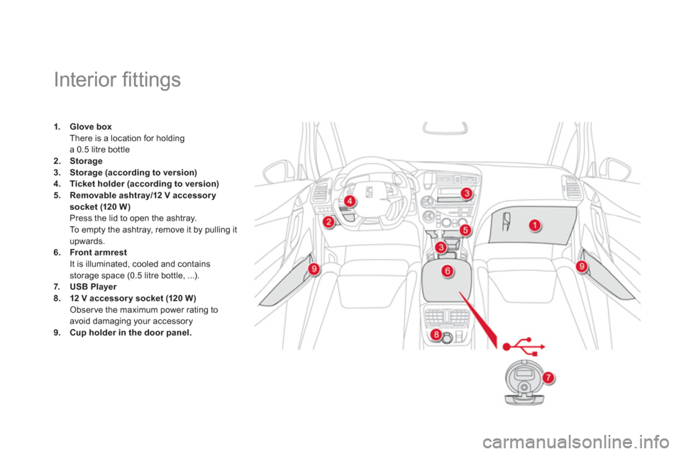 Citroen DS5 2011 1.G Owners Manual
Interior fi ttings
1.Glove boxThere is a location for holdinga 0.5 litre bottle 2.Storage3.Storage (according to version)4.Ticket holder (according to versi Citroen DS5 2011 1.G Owners Manual
Interior fi ttings
1.Glove boxThere is a location for holdinga 0.5 litre bottle 2.Storage3.Storage (according to version)4.Ticket holder (according to versi