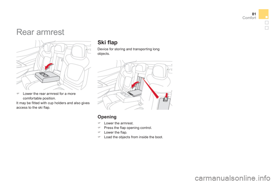 Citroen DS5 2011 1.G User Guide 81Comfort
Ski flap
Device for storing and transporting longobjects.
Opening 
�)   Lower the armrest.�) 
 Press the flap opening control. �) 
 Lower the flap.�) 
  Load the objects from inside the boot