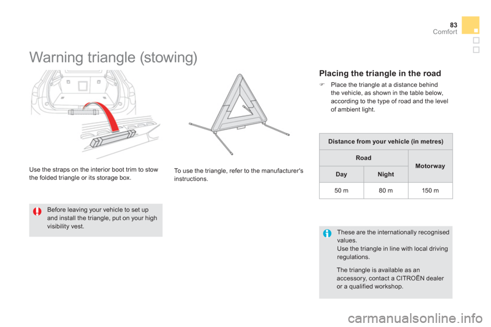 Citroen DS5 2011 1.G Owners Manual 83Comfort
   
 
 
 
 
 
 
 
 
 
 
Warning triangle (stowing) 
 
 
Before leaving your vehicle to set up and install the triangle, put on your high visibility vest.To use the trian
gle, refer to the ma