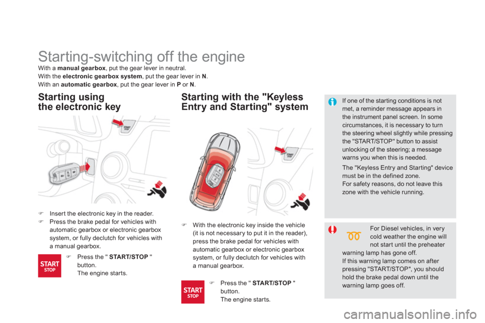 Citroen DS5 2011 1.G Owners Manual    
 
 
 
 
 
 
 
Starting-switching off the engine 
�)Inser t the electronic key in the reader. �)Press the brake pedal for vehicles with automatic gearbox or electronic gearbox
system, or fully decl