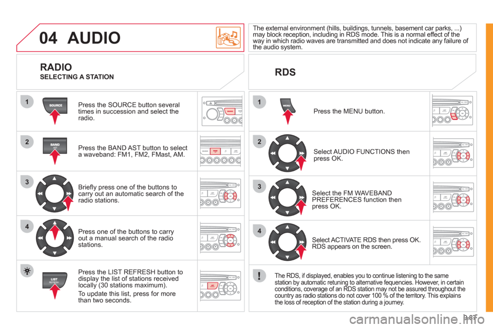 Citroen JUMPY MULTISPACE 2011 2.G Service Manual 9.87
04
1
2
3
4
1
2
3
4
AUDIO
Press the SOURCE button several
times in succession and select theradio.
Press the BAND A
ST button to select
a waveband: FM1, FM2, FMast, AM.
Briefl Citroen JUMPY MULTISPACE 2011 2.G Service Manual 9.87
04
1
2
3
4
1
2
3
4
AUDIO
Press the SOURCE button several
times in succession and select theradio.
Press the BAND A
ST button to select
a waveband: FM1, FM2, FMast, AM.
Briefl