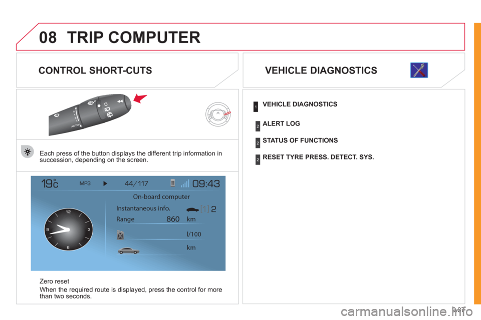 Citroen JUMPY 2011 2.G Owners Manual 9.37
08TRIP COMPUTER
   
CONTROL SHORT-CUTS 
Each press of the button displays the different trip information in 
succession, depending on the screen.
Z
ero reset
When the required route is displa
yed