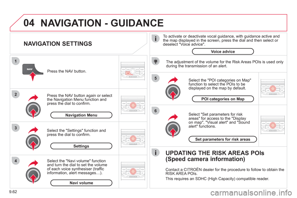Citroen JUMPY 2011 2.G Owners Manual 9.62
04
5
6
3 2 1
4
   
NAVIGATION SETTINGS 
 
 
Select "Set parameters for risk
areas" for access to the "Display 
on map", "Visual alert" and "Soundalert" functions.    
Select the "POI categories o