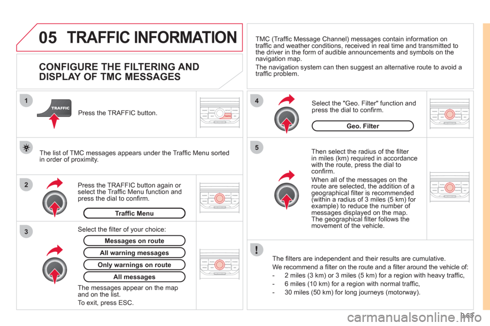 Citroen JUMPY 2011 2.G Owners Manual 9.63
05
2 1
3
4
5
TRAFFIC INFORMATION 
   
 
 
 
 
 
 
 
CONFIGURE THE FILTERING AND 
DISPLAY OF TMC MESSAGES 
   
Then select the radius of the ﬁ lter 
in miles (km) required in accordance 
with th