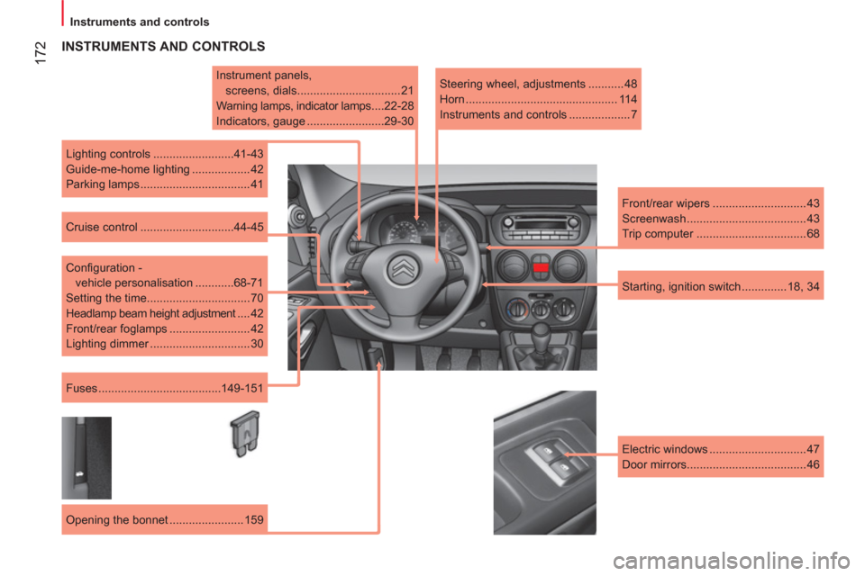 Citroen NEMO 2011 1.G Owners Manual  172
 
 
 
Instruments and controls  
 
 
INSTRUMENTS AND CONTROLS 
 
 
Instrument panels, 
screens, dials ................................ 21 
  Warning lamps, indicator lamps ....22-28 
  Indicators