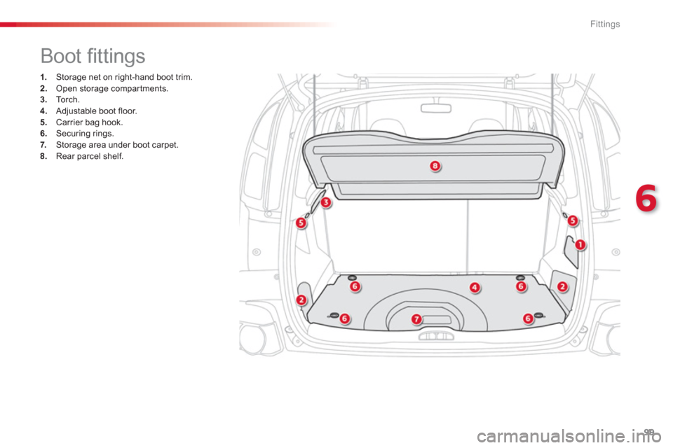 Citroen C3 PICASSO RHD 2012.5 1.G User Guide 6
Fittings
99
   
 
 
 
 
 
 
 
 
 
 
 
 
 
 
 
 
 
 
 
 
 
 
 
 
 
Boot ﬁ ttings 
1. 
 Storage net on right-hand boot trim. 2.Open storage compar tments.3.Torch. 4. 
 Adjustable boot floor.
5.   Ca