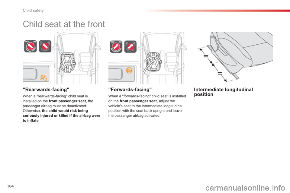 Citroen C3 PICASSO RHD 2012.5 1.G Owners Manual Child safety
104
   
"Forwards-facing" 
 
When a "for wards-facing" child seat is installed on the  front passenger seat, adjust the 
vehicles seat to the intermediate longitudinal 
position with the