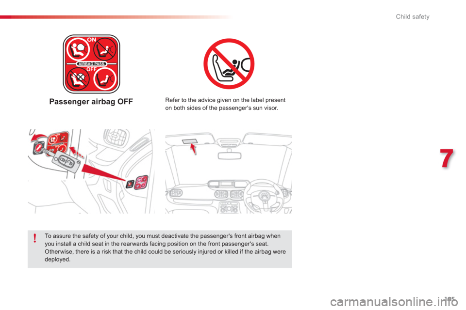 Citroen C3 PICASSO RHD 2012.5 1.G Owners Manual 7
Child safety
105
   
 
Passenger airbag OFF  Refer to the advice given on the label present 
on both sides of the passengers sun visor.  
 
 
To assure the safety of your child, you must deactivate