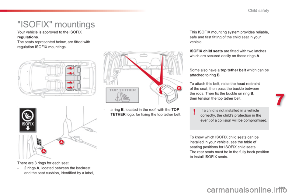 Citroen C3 PICASSO RHD 2012.5 1.G Owners Manual 7
Child safety
109
   
 
 
 
 
 
 
 
 
 
 
"ISOFIX" mountings 
 
There are 3 rings for each seat: 
   
 
-  2 rings  A, located between the backrest and the seat cushion, identified by a label,-  a ri