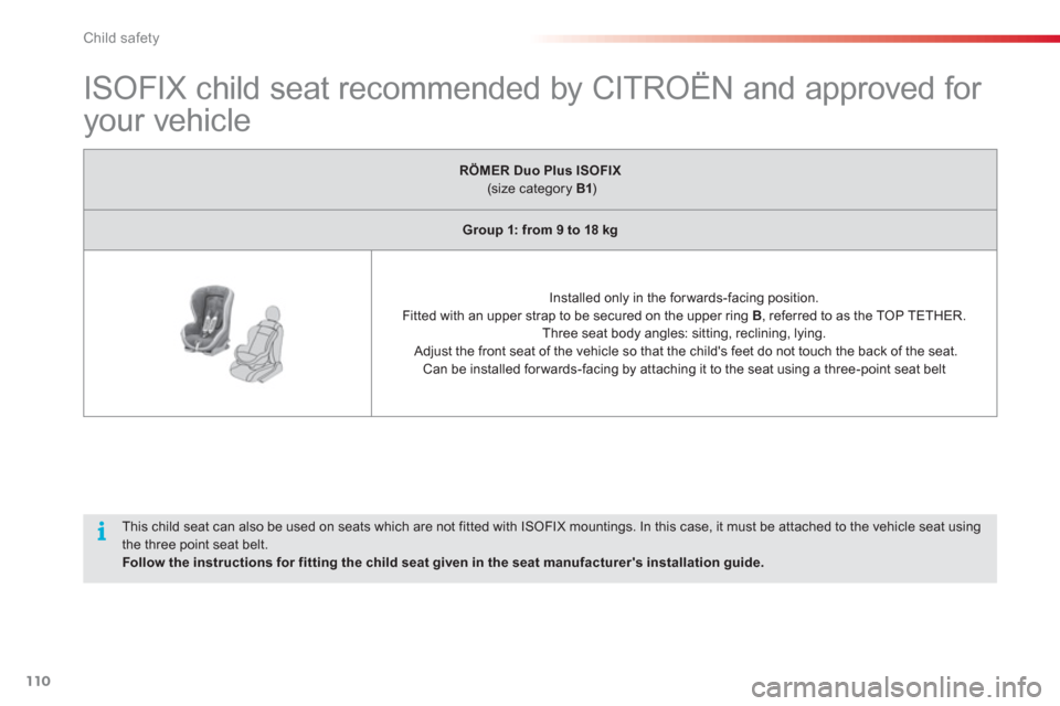 Citroen C3 PICASSO RHD 2012.5 1.G Owners Manual Child safety
110
   
 
 
 
 
 
 
 
 
 
 
 
 
 
 
 
ISOFIX child seat recommended by CITROËN and approved for 
your vehicle  
 
RÖMERDuo Plus ISOFIX (size category  B1)
Group 1: from 9 to 18 kg
 
 
 