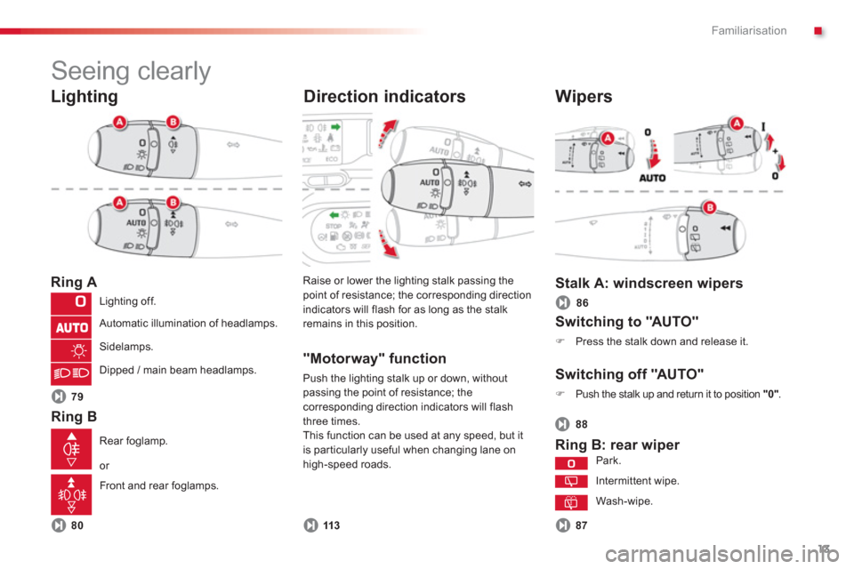 Citroen C3 PICASSO RHD 2012.5 1.G User Guide .Familiarisation
13
   
Lighting
 
 Ring A
 
 
 Ring B
Raise or lower the lighting stalk passing thepoint of resistance; the corresponding directionindicators will flash for as long as the stalkremain