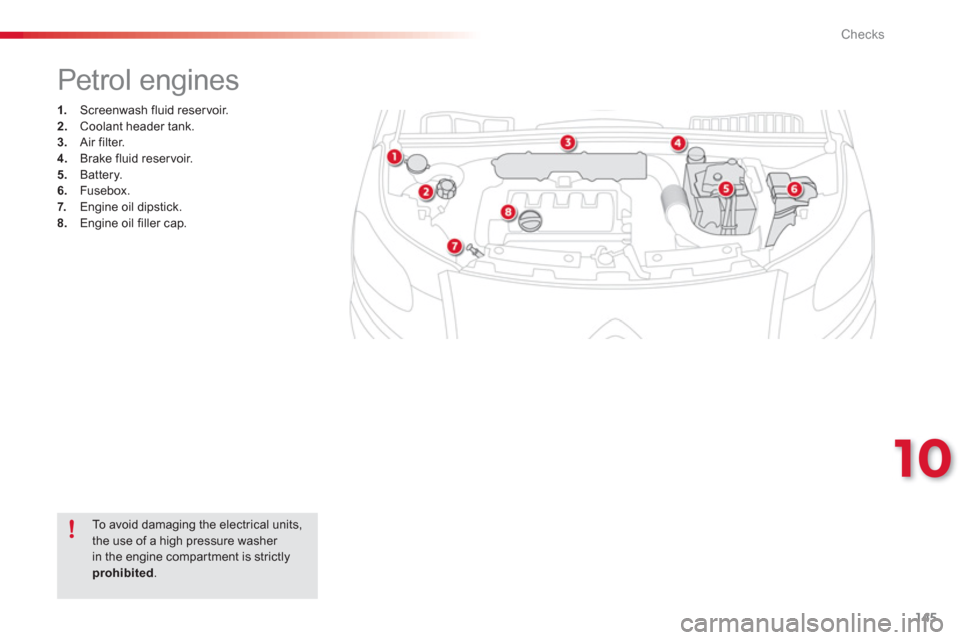 Citroen C3 PICASSO RHD 2012.5 1.G Owners Manual 10
Checks
145
   
 
 
 
 
 
 
 
 
 
 
 
 
 
Petrol engines 
1. 
 Screenwash fluid reservoir. 2.Coolant header tank.3.Air filter.4. 
 Brake fluid reservoir.
5.   Battery.
6.Fusebox.7.   Engine oil dips