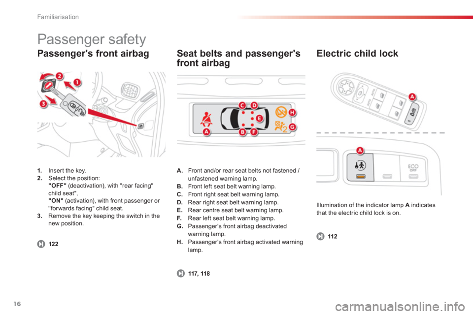 Citroen C3 PICASSO RHD 2012.5 1.G User Guide Familiarisation
16
Passengers front airbag   
Electric child lock 
1. 
  Inser t the key.2. 
 Select the position:  
 "OFF" 
 (deactivation), with "rear facing" child seat",
 "ON" 
 (activation), wit