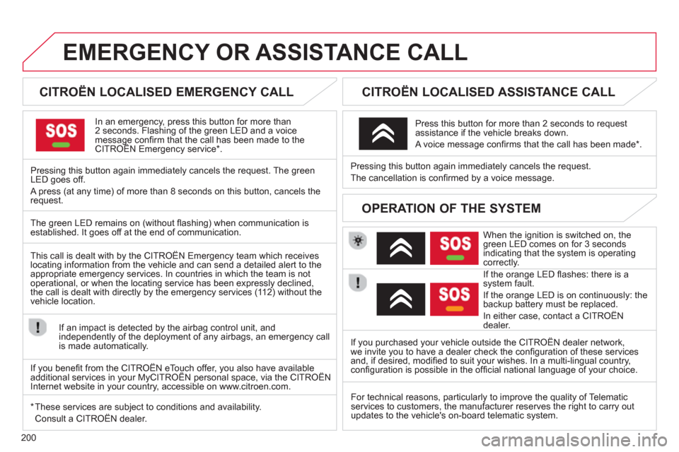 Citroen C3 PICASSO RHD 2012.5 1.G Owners Manual 200
EMERGENCY OR ASSISTANCE CALL
CITROËN LOCALISED EMERGENCY CALL
In an emergency, press this button for more than2 seconds. Flashing of the green LED and a voice message confi rm Citroen C3 PICASSO RHD 2012.5 1.G Owners Manual 200
EMERGENCY OR ASSISTANCE CALL
CITROËN LOCALISED EMERGENCY CALL
In an emergency, press this button for more than2 seconds. Flashing of the green LED and a voice message confi rm