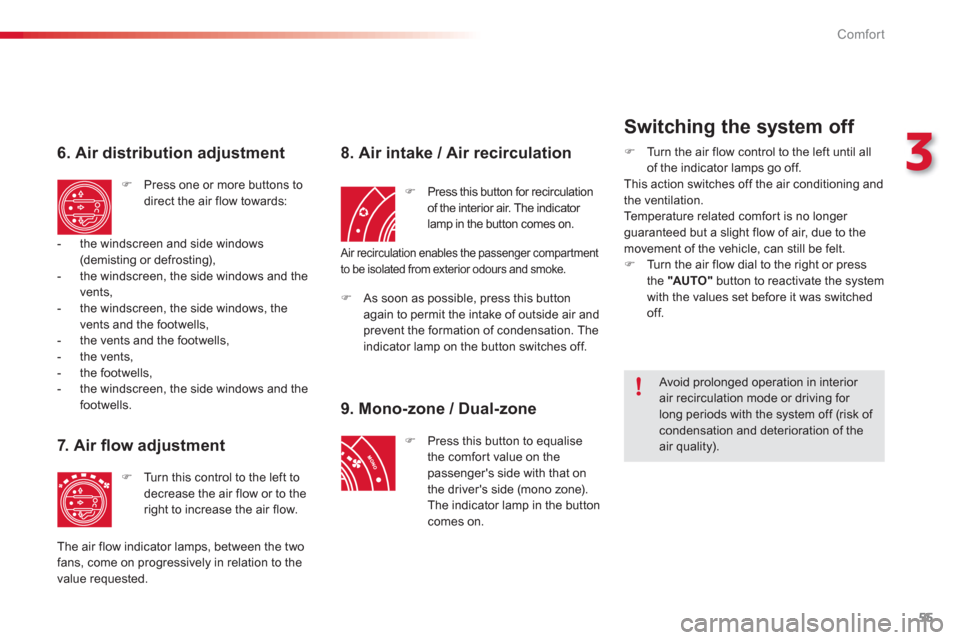 Citroen C3 PICASSO RHD 2012.5 1.G Owners Manual 3
Comfort
55
   
6. Air distribution adjustment 
�) 
 Press one or more buttons todirect the air flow towards:
 
 
7. Air ﬂ ow adjustment
�) 
 Turn this control to the left todecrease the air flow o