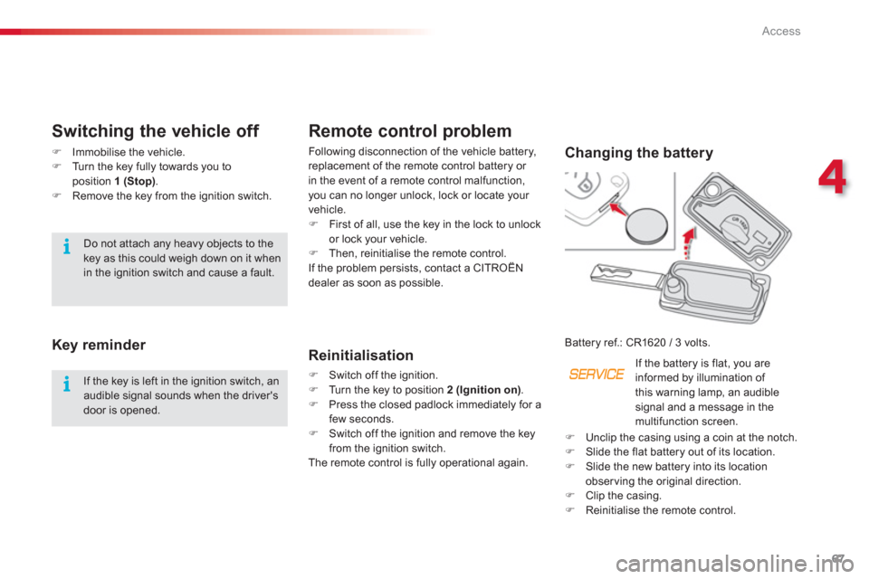Citroen C3 PICASSO RHD 2012.5 1.G Owners Manual 4
Access
67
Remote control problem
Following disconnection of the vehicle battery,replacement of the remote control battery or in the event of a remote control malfunction, you can no longer unlock, l
