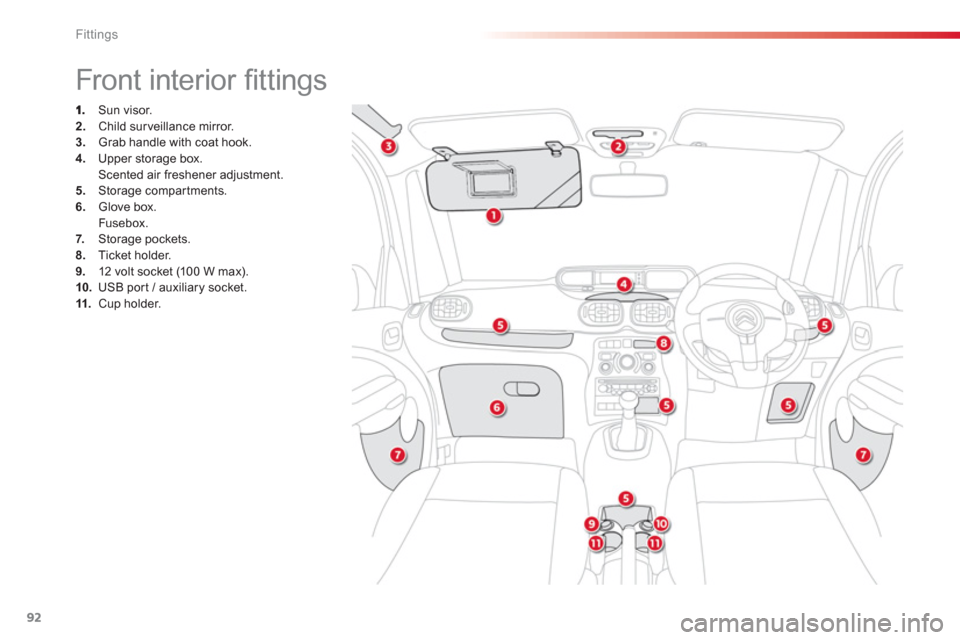 Citroen C3 PICASSO RHD 2012.5 1.G Owners Manual Fittings
92
Front interior fi ttings
Sun visor. 2.
Child surveillance mirror.3.
Grab handle with coat hook. 4.
Upper storag Citroen C3 PICASSO RHD 2012.5 1.G Owners Manual Fittings
92
Front interior fi ttings
Sun visor. 2.
Child surveillance mirror.3.
Grab handle with coat hook. 4.
Upper storag