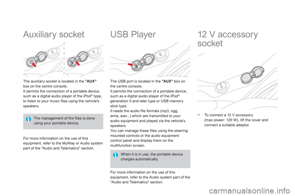 Citroen DS3 2012.5 1.G Owners Manual    
 
 
 
 
 
Auxiliary socket 
The auxiliary socket is located in the " AUX "box on the centre console.
It permits the connection of a por table device,such as a digital audio player of the iPod ®ty