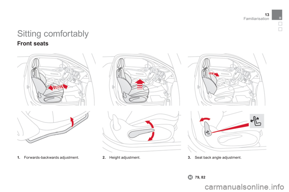 Citroen DS3 2012.5 1.G User Guide 13Familiarisation
  Sitting comfortably 
3. Seat back angle adjustment. 
   
 79
, 82
 
 
Front seats 
1. Forwards-backwards adjustment.2. 
 Height adjustment.  