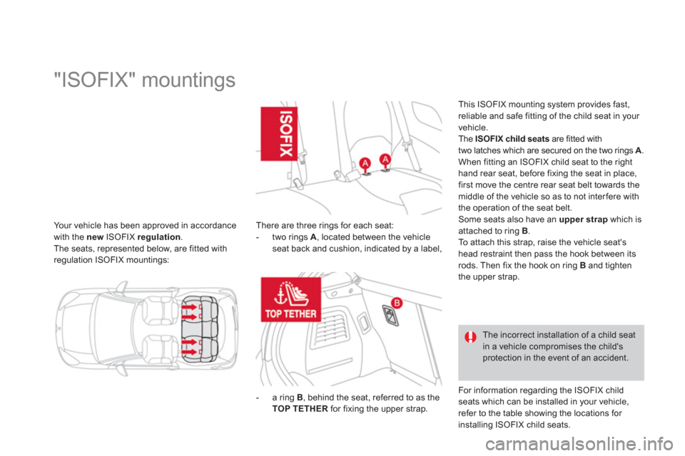 Citroen DS3 2012.5 1.G Owners Manual Your vehicle has been approved in accordance
with the  newISOFIX  regulation.The seats, represented below, are fitted withregulation ISOFIX mountings:
 
 
 
 
 
 
 
 
 
 
 
 
 
 
 
 
 
 
 
 
 
"ISOFIX