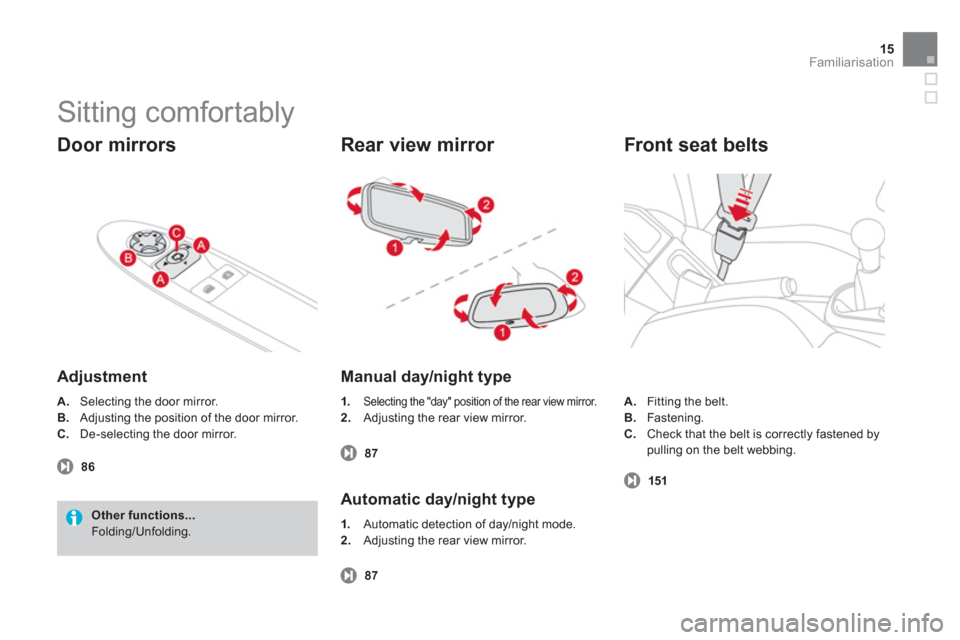 Citroen DS3 2012.5 1.G Owners Manual 15
Familiarisation
  Sitting comfortably 
 
 
Door mirrors
 
 
Adjustment
A.Selecting the door mirror. 
B. Adjusting the position of the door mirror. 
C
.De-selecting the door mirror. 
   
 
86
Other 