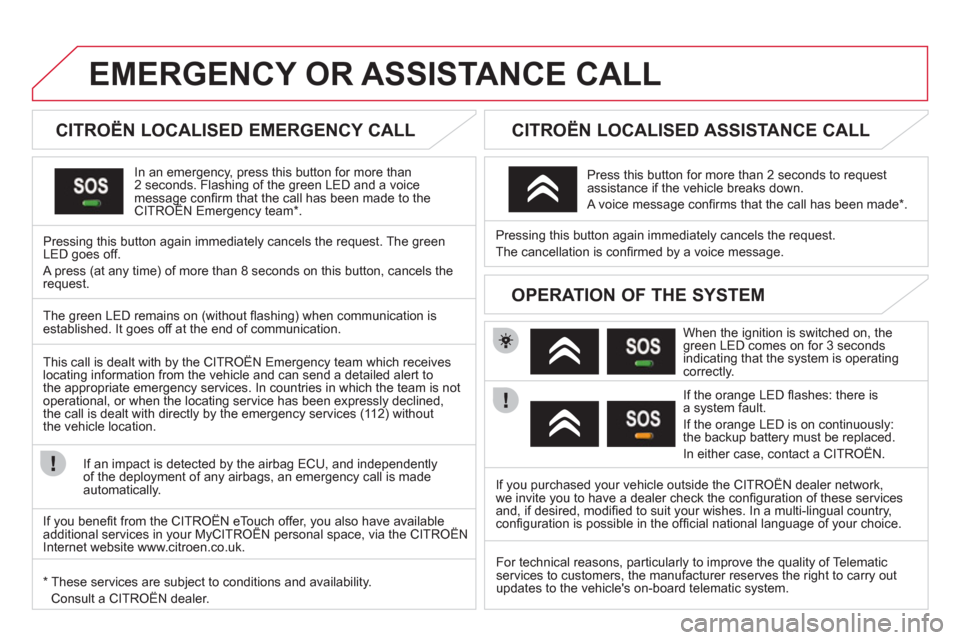 Citroen DS3 2012.5 1.G Owners Manual EMERGENCY OR ASSISTANCE CALL
   
 
 
 
 
 
 
CITROËN LOCALISED EMERGENCY CALL  
In an emergency, press this button for more than2 seconds. Flashing of the green LED and a voice message conﬁ rm that