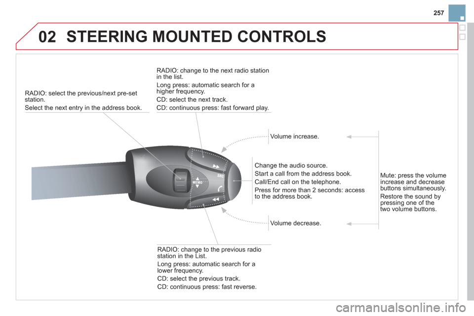 Citroen DS3 2012.5 1.G Owners Manual 257
02  STEERING MOUNTED CONTROLS 
RADIO: select the previous/next pre-set station.
Select the next entr
y in the address book.    
RADI
O: change to the next radio station in the list. 
  Lon
g press