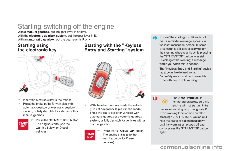 Citroen DS5 RHD 2012.5 1.G User Guide    
 
 
 
 
 
 
 
Starting-switching off the engine 
�)Inser t the electronic key in the reader. �)Press the brake pedal for vehicles with automatic gearbox or electronic gearbox
system, or fully decl