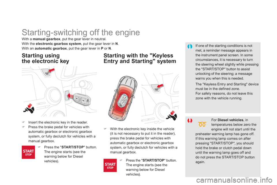 Citroen DS5 RHD 2012.5 1.G Owners Manual    
 
 
 
 
 
 
 
Starting-switching off the engine 
�)Inser t the electronic key in the reader. �)Press the brake pedal for vehicles with automatic gearbox or electronic gearbox
system, or fully decl