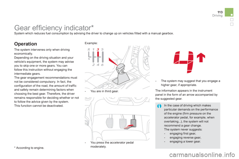 Citroen DS5 RHD 2012.5 1.G Service Manual 113Driving
   
 
 
 
 
 
 
 
Gear efﬁ ciency indicator *   System which reduces fuel consumption by advising the driver to change up on vehicles fitted with a manual gearbox.
 
 
Operation
 The syst