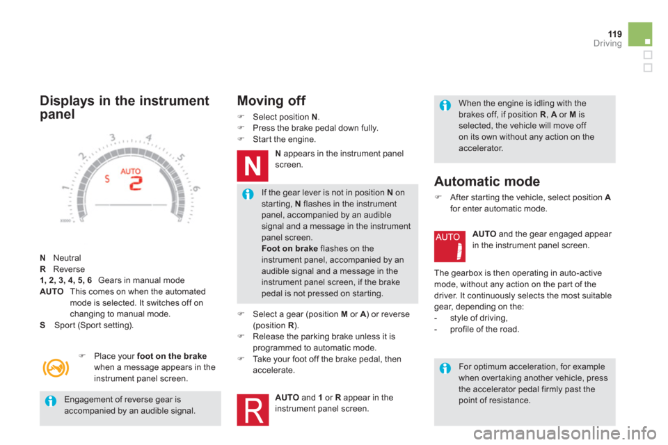 Citroen DS5 RHD 2012.5 1.G Owners Manual 119Driving
   
Engagement of reverse gear isaccompanied by an audible signal.
If the gear lever is not in position  Nonstarting, N 
 flashes in the instrument panel, accompanied by an audiblesignal an