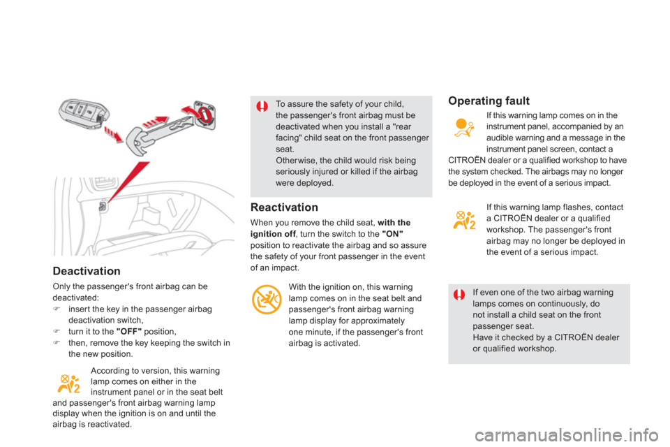 Citroen DS5 RHD 2012.5 1.G Service Manual Deactivation
Only the passengers front airbag can be deactivated:�)inser t the key in the passenger airbagdeactivation switch, �)turn it to the "OFF"position,�)then, remove the key keeping the switch
