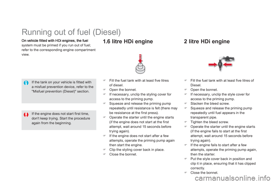 Citroen DS5 RHD 2012.5 1.G Manual PDF system must be primed if you run out of fuel; refer to the corresponding engine compar tment
view.  
 
 
 
 
 
 
 
 
 
 
 
Running out of fuel (Diesel)  
 
 
If the tank on your vehicle is fitted with